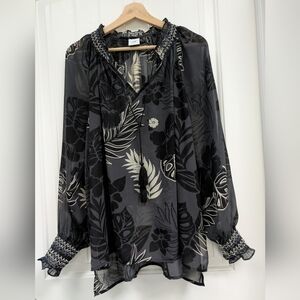CAbi Aloha Black Tropical Blouse